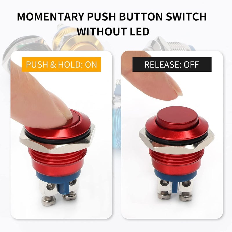 STARELO 16MM 5/8" Momentary Push Button Switch High Round 250V AC 5A 12V 36V DC 2A 1NO SPST Waterproof Aluminum Shell(Red). - Image 4